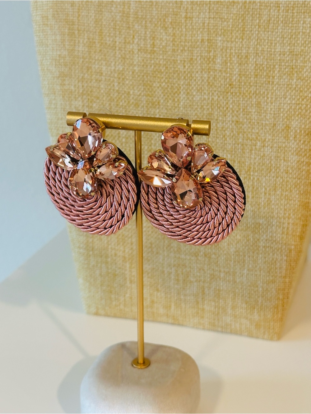 Fashion Jewelry Rose Pink Crystal Rope Disc Statement Earrings